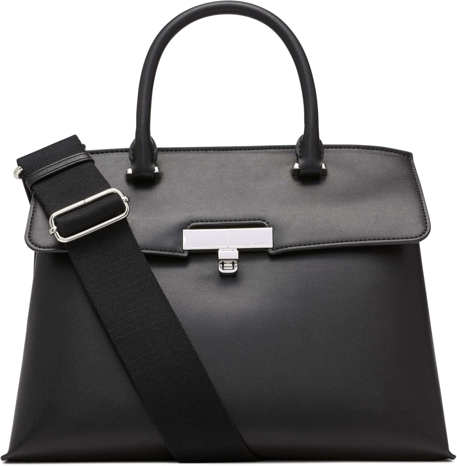 Calvin Klein Ladies Turn Lock Satchel - 2 în 1, piele vegană, 3 buzunare Becky Turnlock Geantă de umăr, negru/argintiu Genti Femei Naty Shop Titlu implicit
