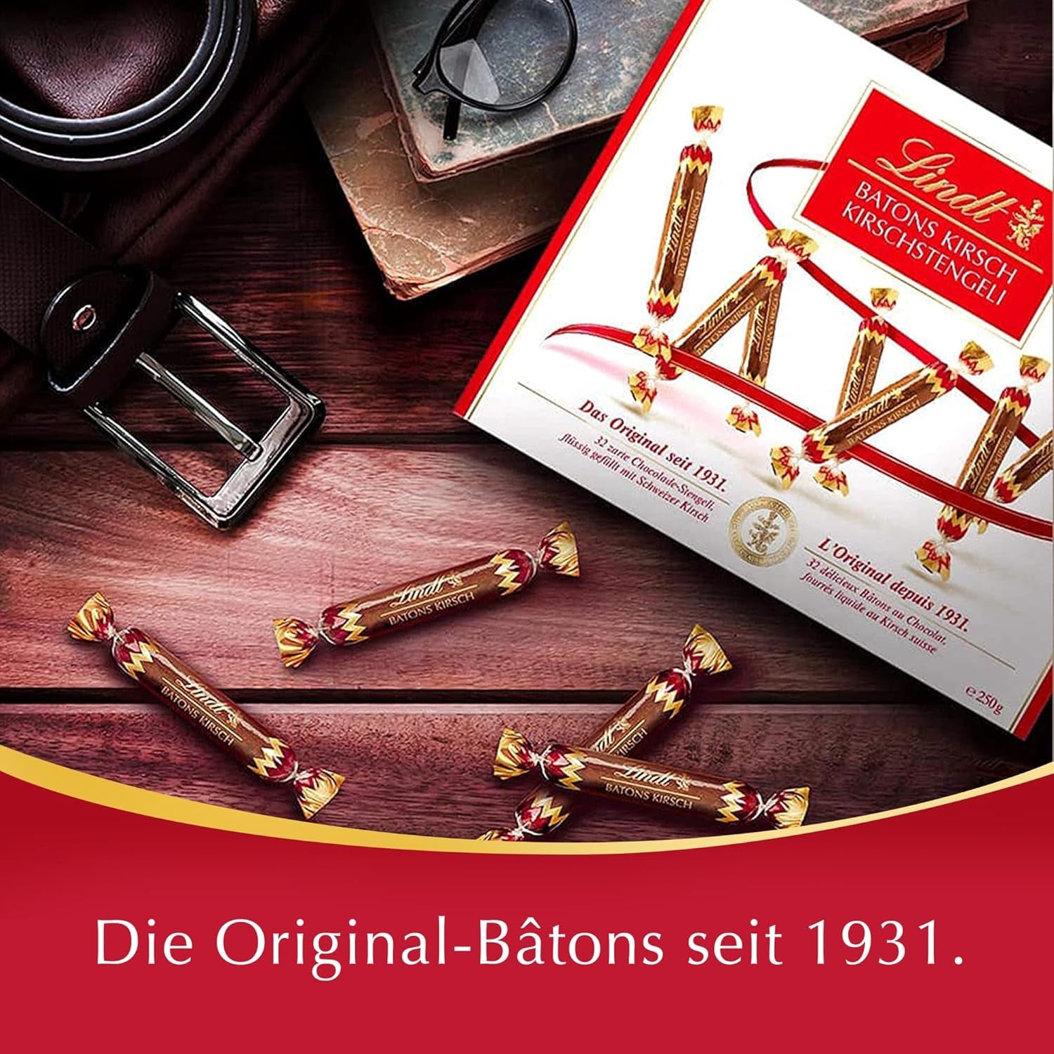 Lindt Schokoriegel mit Kirschstielen | 250 g 32 mit Schweizer Kirsche gefüllte Milchschokoladentafeln | Geschenk von Schokolade mit Alkohol | Schokoladengeschenk
