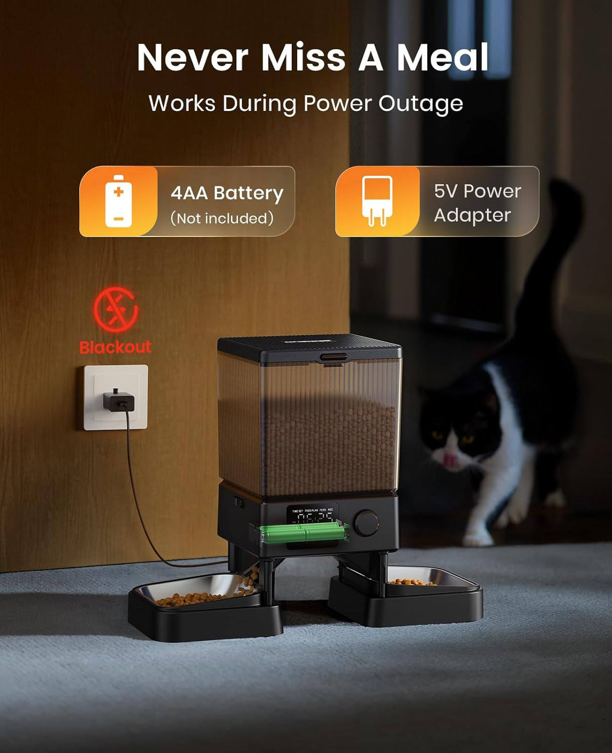 oneisall 5L Futterautomat Katze 2 Näpfe, Katzenfutter Automat mit einem Knopf, Einfache Bedienung, Futterspender für Katzen/Hunde, mit Edelstahlschüssel, Voice Recorder, für kleine/mittlere Haustiere