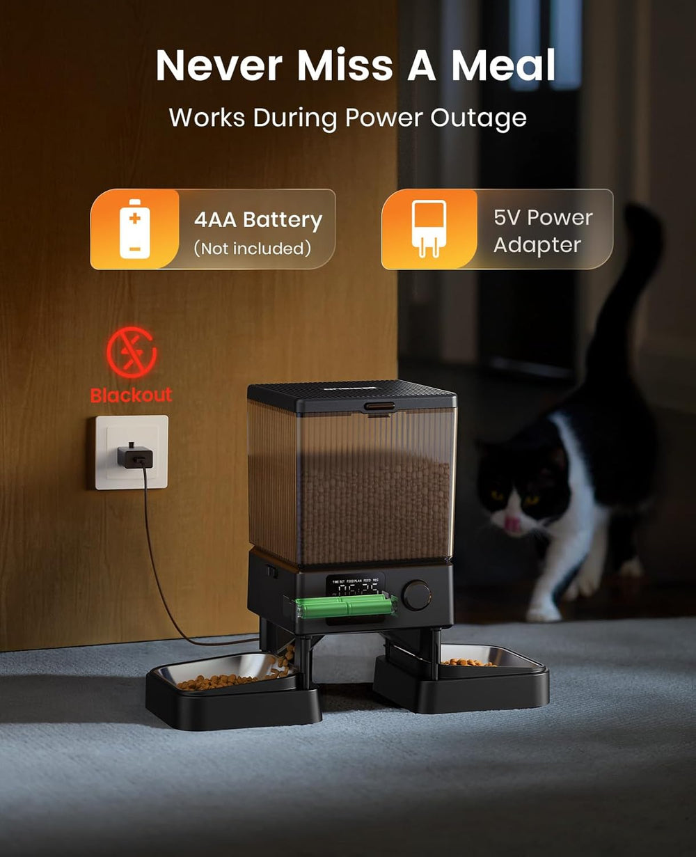 oneisall 5L Futterautomat Katze 2 Näpfe, Katzenfutter Automat mit einem Knopf, Einfache Bedienung, Futterspender für Katzen/Hunde, mit Edelstahlschüssel, Voice Recorder, für kleine/mittlere Haustiere