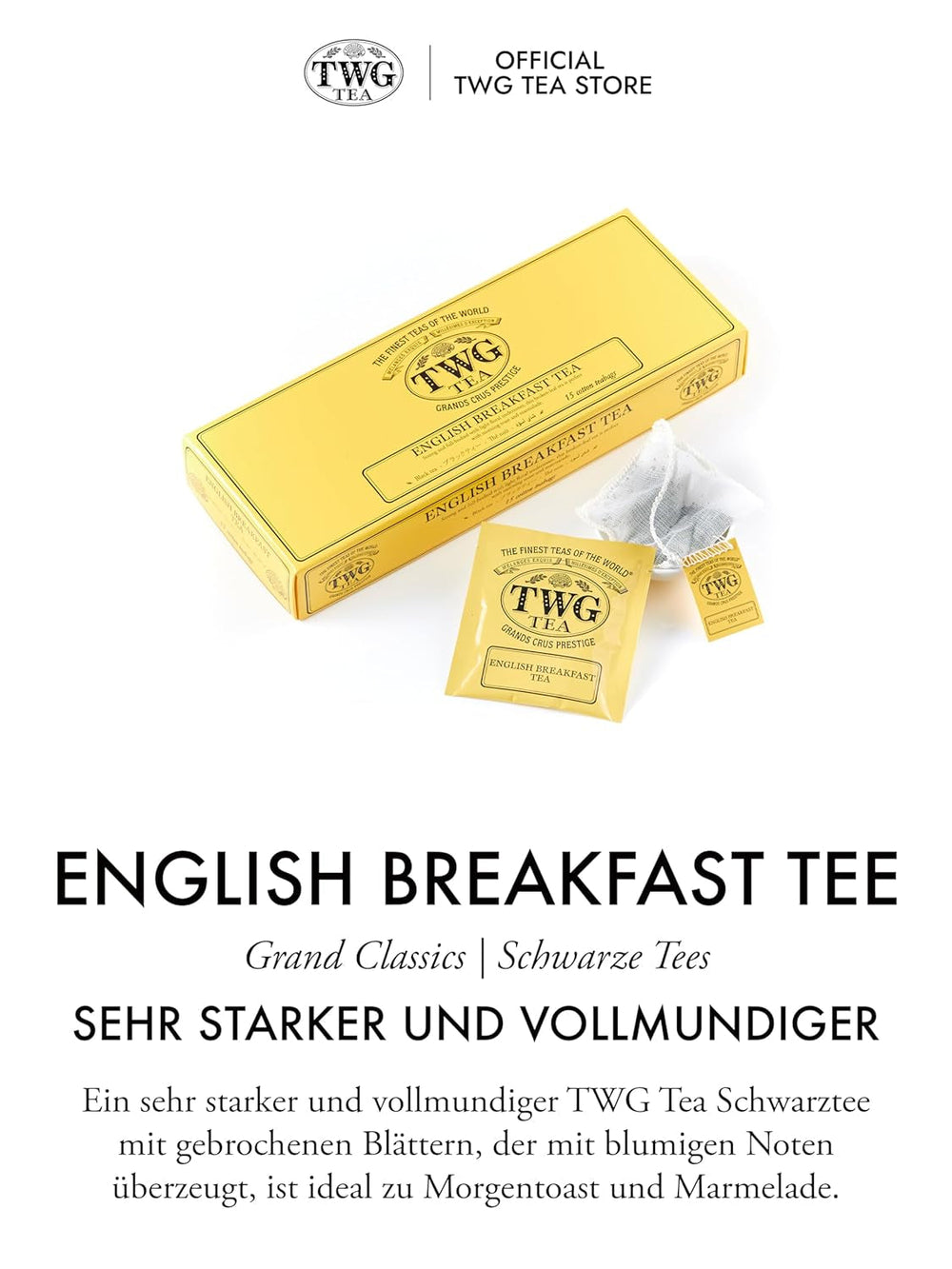 TWG Tea | Ceai englezesc pentru micul dejun | Ceai negru | Note florale | 15 pliculețe de ceai cusute manual din bumbac | Set cadou