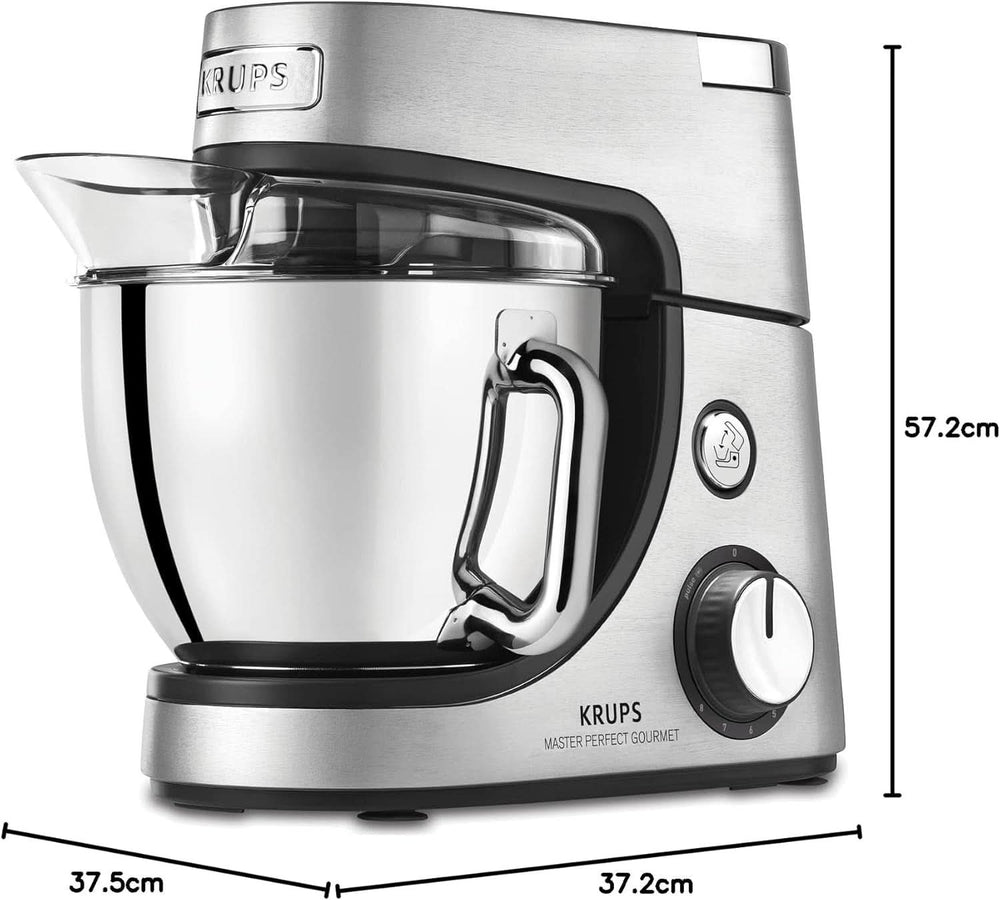 Krups KA631D Master Perfect Gourmet Küchenmaschine | 1100 Watt | 8 Geschwindigkeiten | 4,6-Liter-Edelstahlschüssel | 5 Zubehörteile: Backset, flexible Schüssel, Schneideeinheit | Mutter und Kind aus gebürstetem Edelstahl Naty Shop