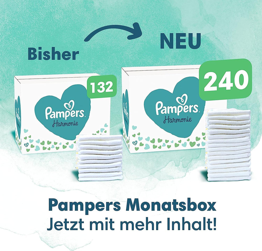 Harmonie Babywindelset Größe 2 (4–8 kg, 240 Teile), Monatsbox und Harmonie Aqua Baby Feuchttücher Box 720 Tücher (15 x 48), Baby Essentials