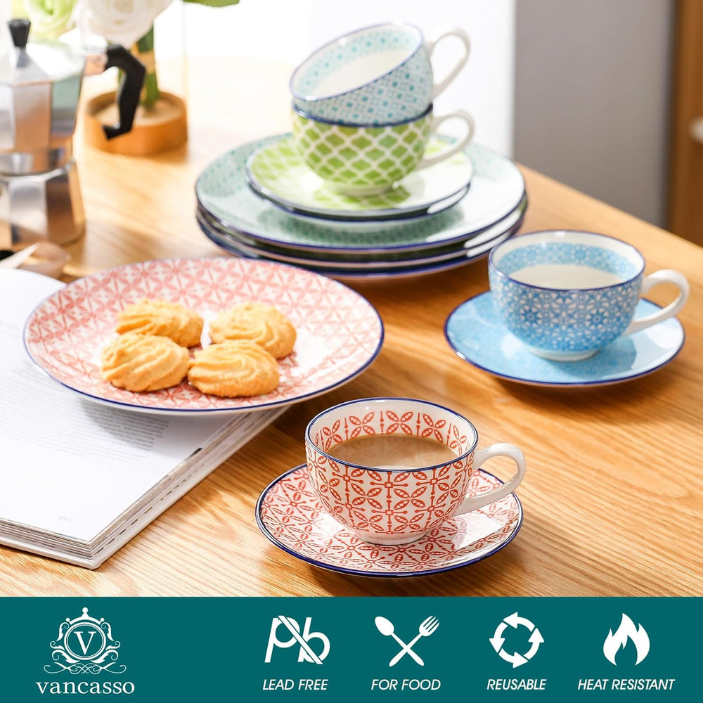 Set de cafea din porțelan, Vancasso Macaron, serviciu de cafea colorat cu 12 piese pentru 4-12 persoane, set de cești, include cești de cafea, farfurioare și farfurii de desert