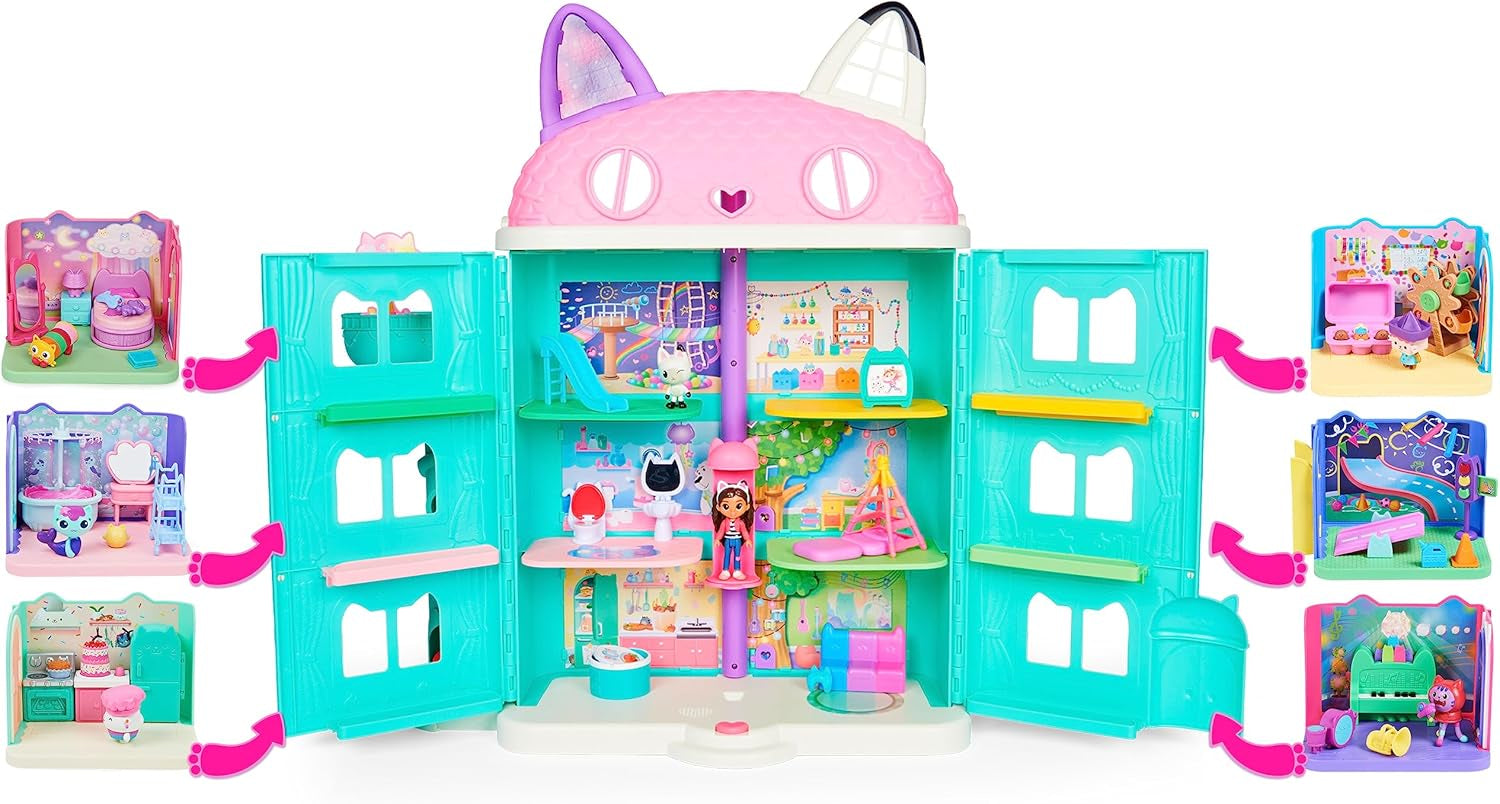 Gabby's Dollhouse Deluxe-Zimmer, Purr-Ific-Spielzimmer, Spielzimmer mit Carlita-Spielzeugauto, 2 Möbelstücken und 2 Überraschungsboxen mit Zubehör, geeignet für Kinder ab 3 Jahren. Naty Shop-Puppenhäuser