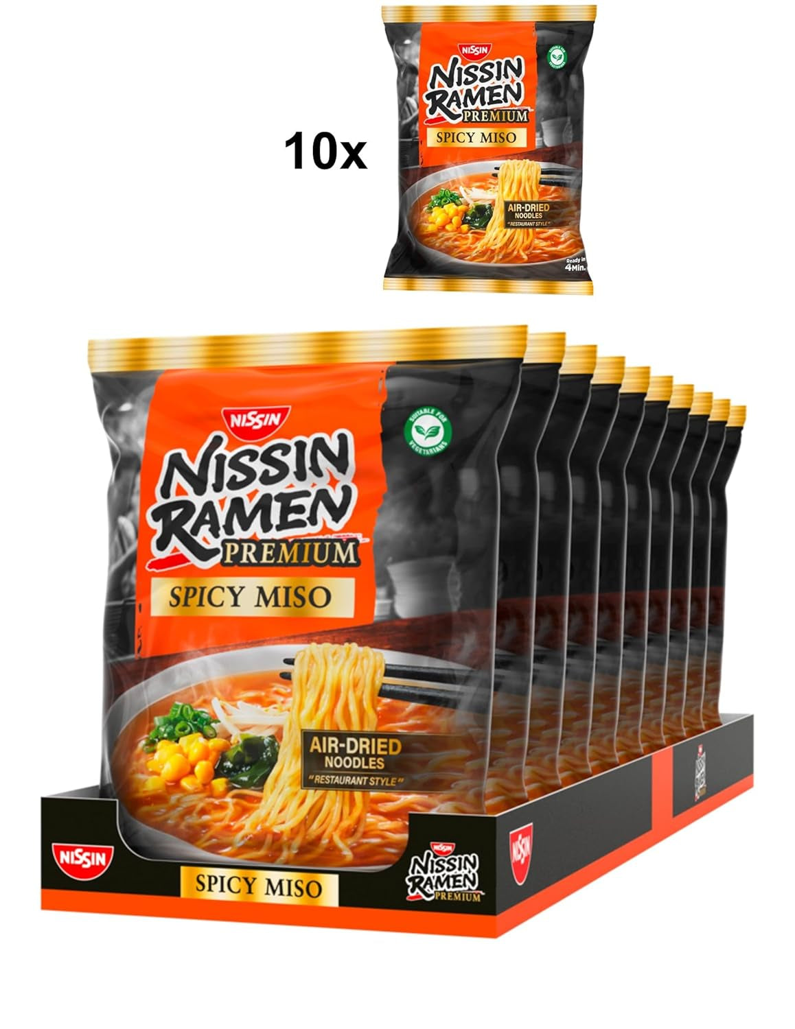 Nissin Ramen Premium – Miso Spicy 10er-Pack luftgetrocknete Instant-Nudeln nach japanischer Art für Ramen im „Restaurant-Stil“ mit einem leicht würzigen Geschmack von Miso und Wakame-Flocken (10 x 90,7 g)