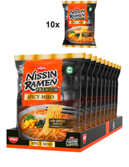 Nissin Ramen Premium – Miso Spicy 10er-Pack luftgetrocknete Instant-Nudeln nach japanischer Art für Ramen im „Restaurant-Stil“ mit einem leicht würzigen Geschmack von Miso und Wakame-Flocken (10 x 90,7 g)