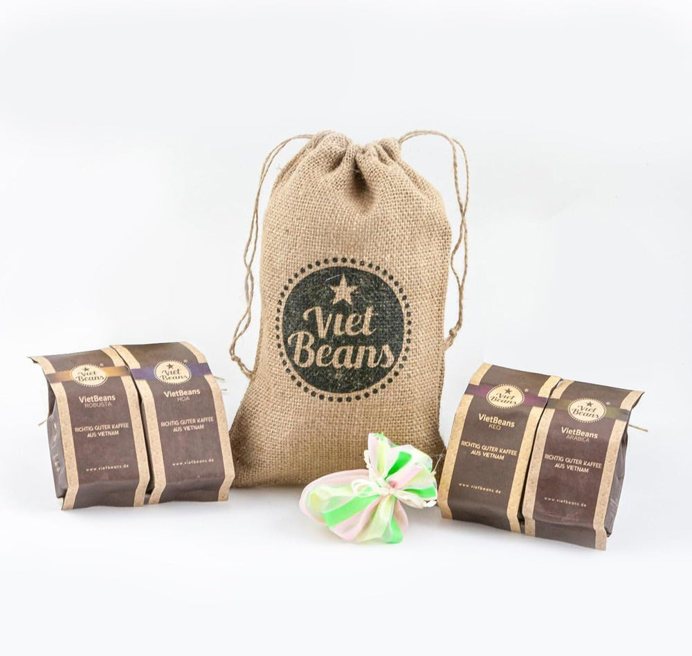 Kaffee Geschenk für Kaffeeliebhaber - Kaffeesack Jute - Vier Sorten exotischer Kaffee im Jutesack - Weihnachten Geschenkidee - Geschenk für Kaffeetrinker - Ganze Bohne
