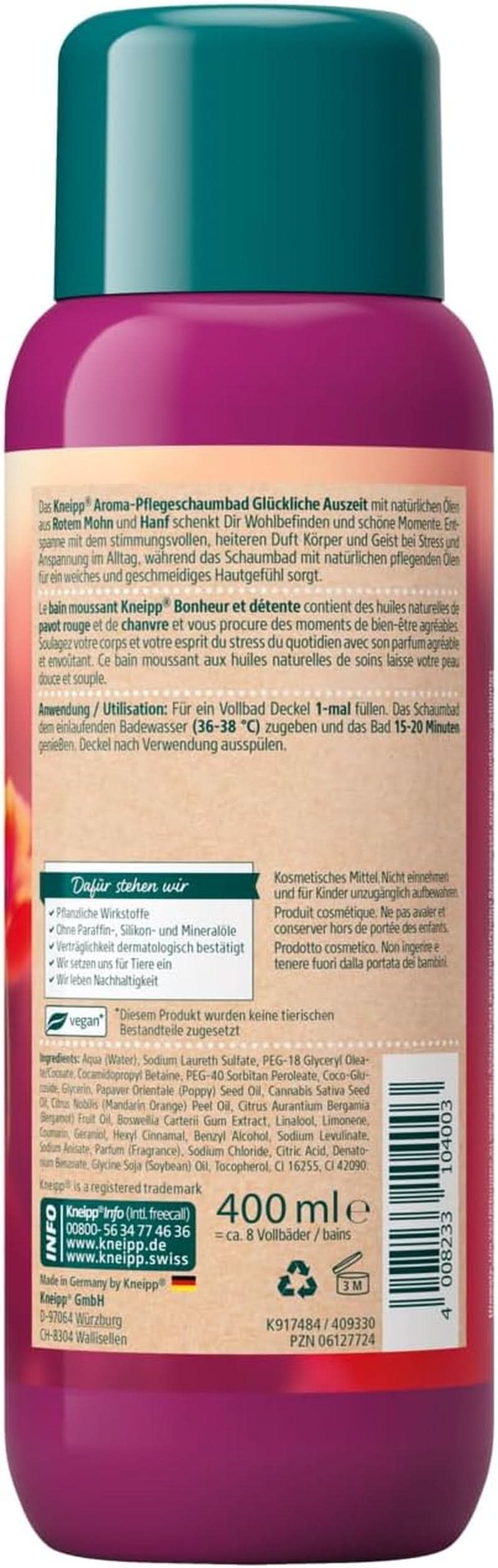 Kneipp Aroma, Badepflegeschaum Happy Time Out – mit natürlichen Rotmohn- und Hanfölen, 400 ml Naty Shop
