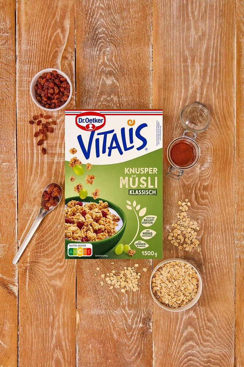 Dr. Oetker Vitalis Classic Knuspermüsli: Großpackung knuspriges Frühstücksmüsli mit Rosinen, 1 Packung, 1,5 kg