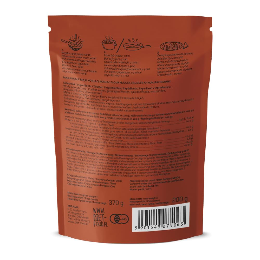 Shirataki-Nudeln DIÄT-FOOD kohlenhydratarme, kalorienarme Konjak-Nudeln, veganes Essen, fettfrei, sojafrei, glutenfrei, wasserlösliche Diätnudeln, kalorienarm, 200 Gramm