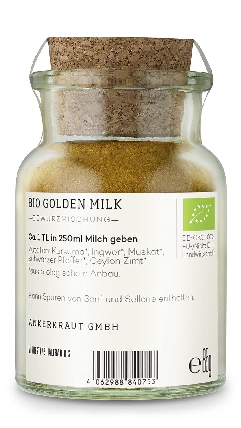 Ankerkraut Bio Golden Milk, Gewürz für goldene Milch, mit Kurkuma, Zimt und Ingwer, 75 g im Korkglas