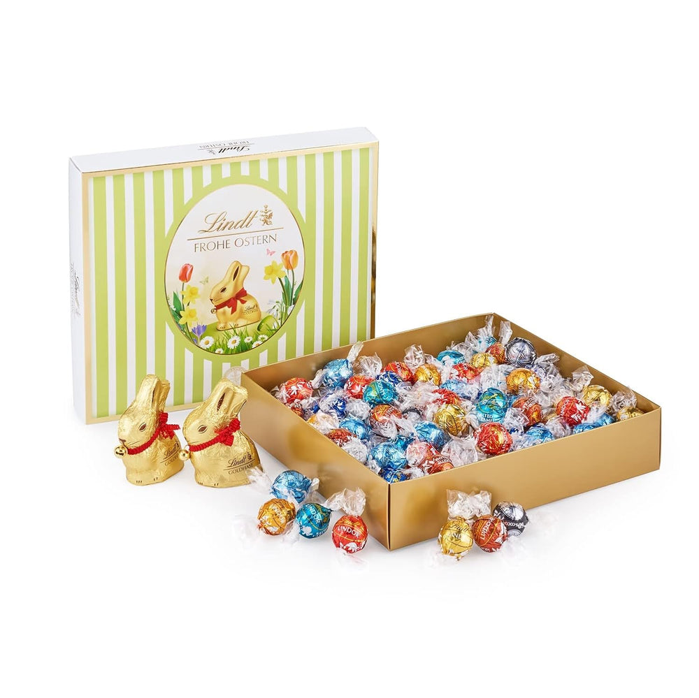 Oster-Sortenpaket Lindt Schokolade LINDOR | 1,2 kg | 2 GOLD BUNNY Milchschokoladen und 8 LINDOR Sorten: Milchschokolade, Noisette, Zartbitter, Weiß, Schwarz 60 %, Karamell, Salzkaramell, Stracciatella | Osterschokolade | Der Osterhase