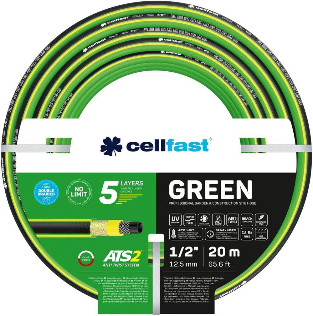 Furtun de grădină Cellfast GREEN ATS2, durabil, flexibil, cu 5 straturi, împletitură încrucișată ATS2, rezistent la UV și alge, fără metale grele, 30 bar, -20/+60°C pe termen scurt, 3/4", 20m