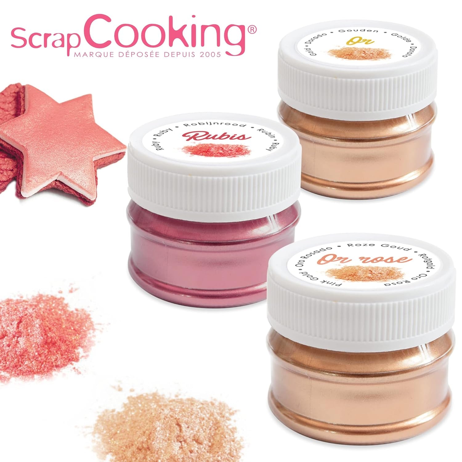 Scrapcooking - Set de 3 coloranți alimentari metalici - Colorant alimentar: auriu, auriu roz și rubin - Colorant alimentar comestibil pentru copt, prăjituri, fursecuri, torturi, ciocolată - 4019