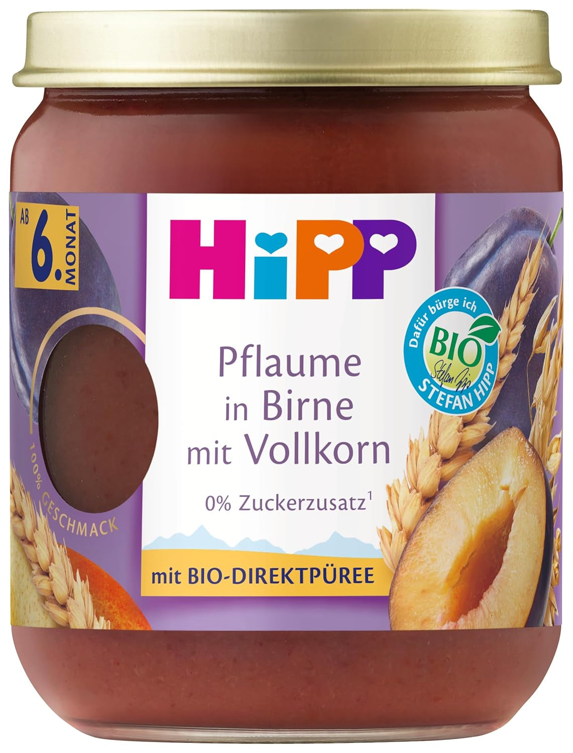 HiPP Bio-Früchte und Getreide mit Birnen-Pflaumen und Vollkorn, 160g, 6er Pack (6x160g)