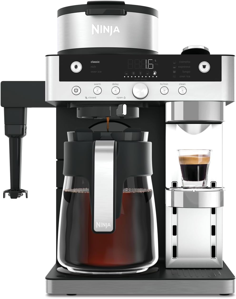 Ninja Prestige Cafetiera Filtrantă 2 în 1 cu Capsule și Spumator de Lapte Integrat, pentru Latte, Cafea cu gheață și Flat White, Negru CFN802EU