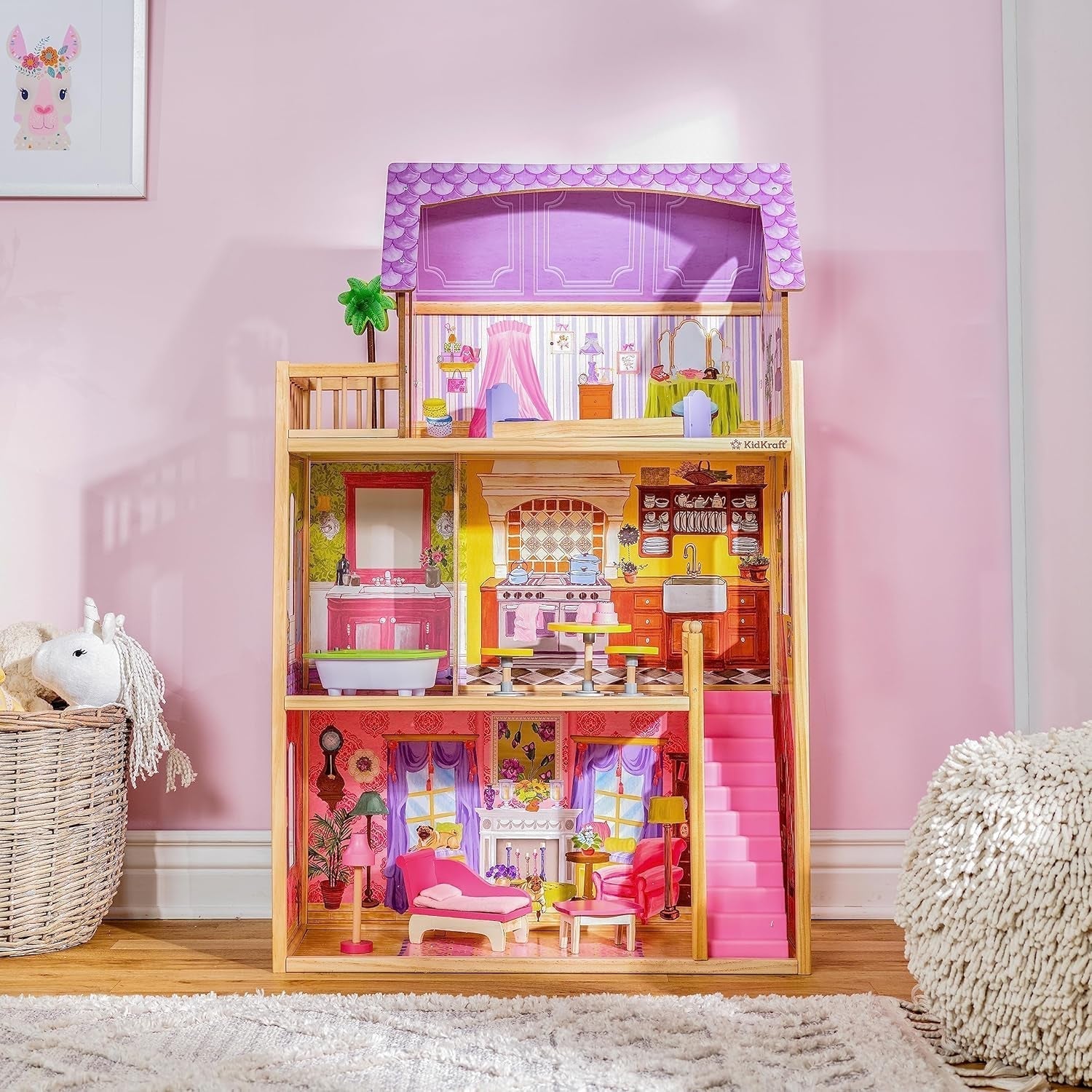 Casa de păpuși din lemn Kidkraft Kayla cu mobilier și accesorii, set de joacă cu 3 niveluri de joc pentru păpuși de 30 cm, jucărie pentru copii de la 3 ani, 65092 - Exclusiv pe Amazon Casute de papusi Naty Shop
