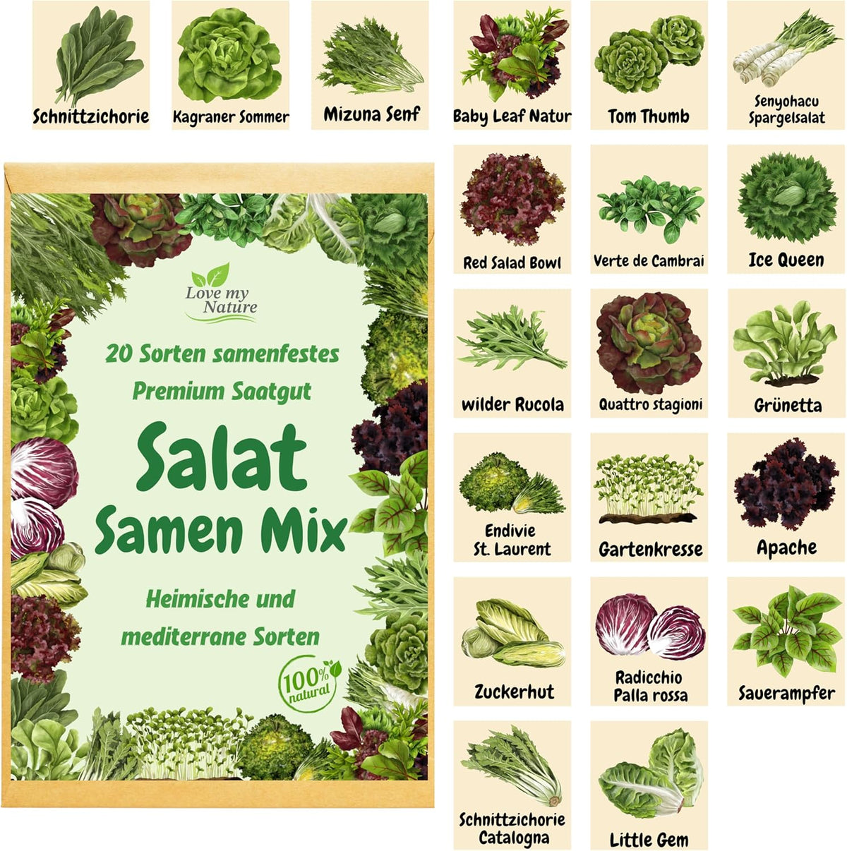 Salatsamenmischung – 20-Sorten-Set – Schnelle Ernte, Schnitt- und Wintersalate – 100 % natürlich – Keine Wachstumsstimulanzien – Mit Liebe verpackt – Inklusive Anleitung und individueller Etikettierung