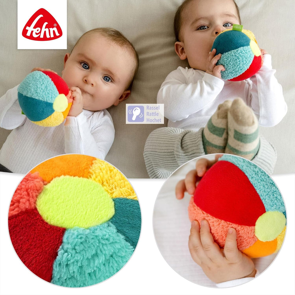 Fehn Rattle Ball colorată - minge de prindere cu amestec de materiale și zornăitor pentru aruncare, prindere, rostogolire - minge de prindere pentru promovarea abilităților motorii - minge din material textil pentru bebeluși și copii mici de la 0+ luni Jucarii Bebe Naty Shop