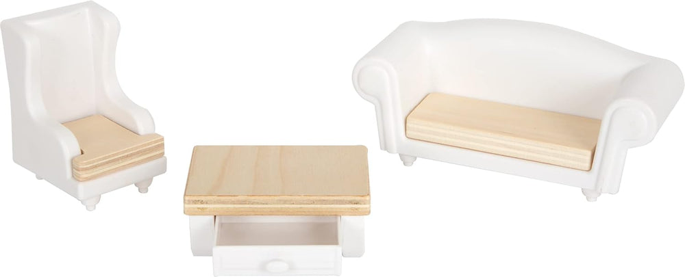 Casă de păpuși din lemn Small Foot, cu 3 etaje, față deschisă și 12 piese de mobilier, pentru copii cu vârsta de la 3 ani în sus, 11802, alb gri