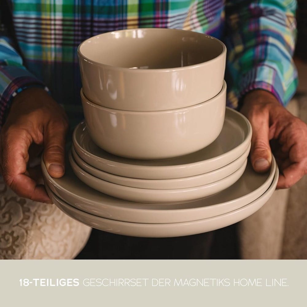 Set de veselă din gresie porțelanată pentru 6 persoane, 18 piese — mai solid și mai rezistent la zgârieturi decât farfuriile și bolurile din faianță, bej lucios | Set de veselă include 6 farfurii de cină, 6 farfurii de desert și 6 boluri -