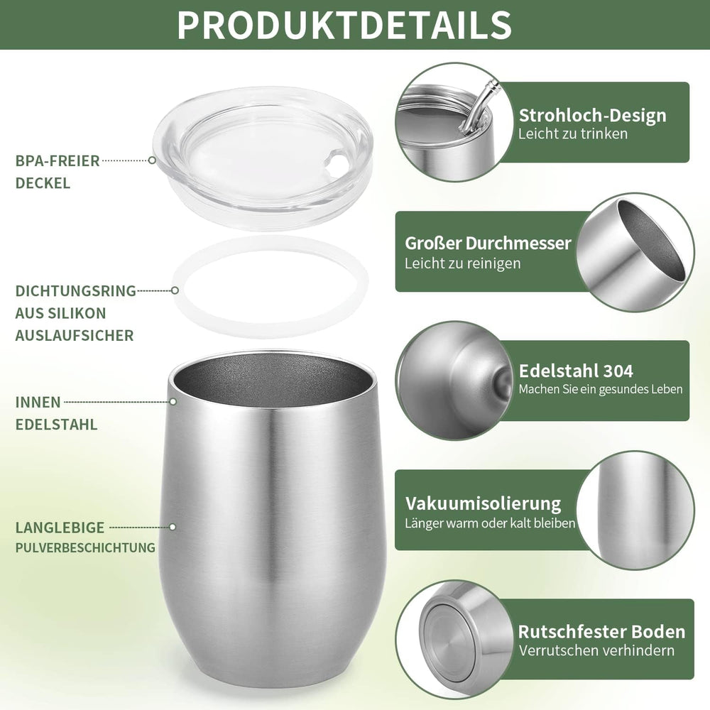 Cana modernă pentru mate 340 ml, set de căni pentru yerba mate din oțel inoxidabil cu pereți dubli izolați, cană pentru ceai mate cu capac fără BPA, bombillas și o perie de curățare (argintiu)