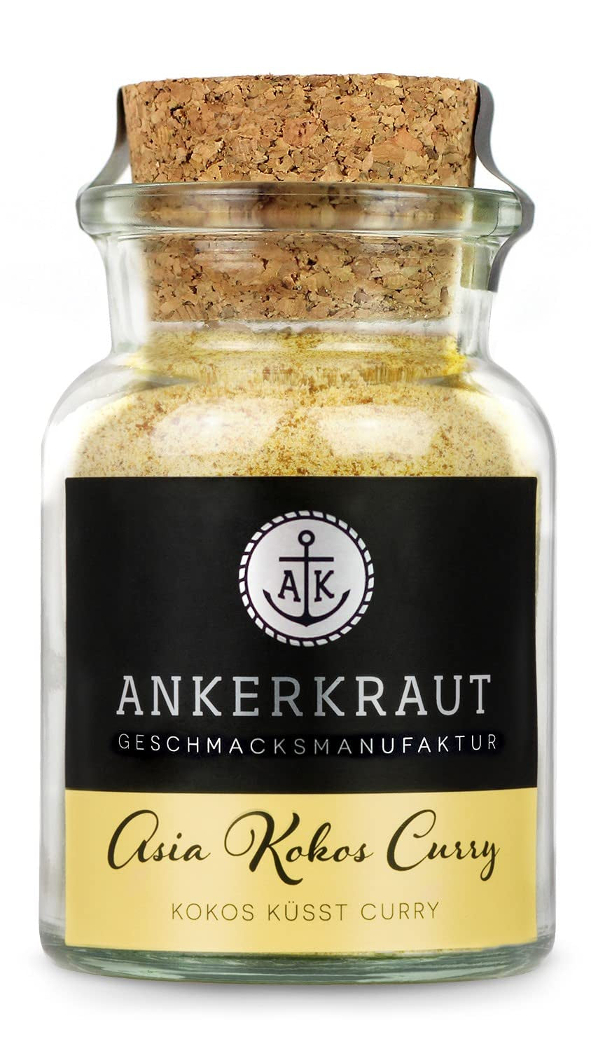 Ankerkraut Asia Kokos Curry, 85g im Korkglas, Gewürz für Kokos-Milch Gemüse Fleisch, Einfach Lecker Zu Hause Kochen, Premium Qualität in der Panne
