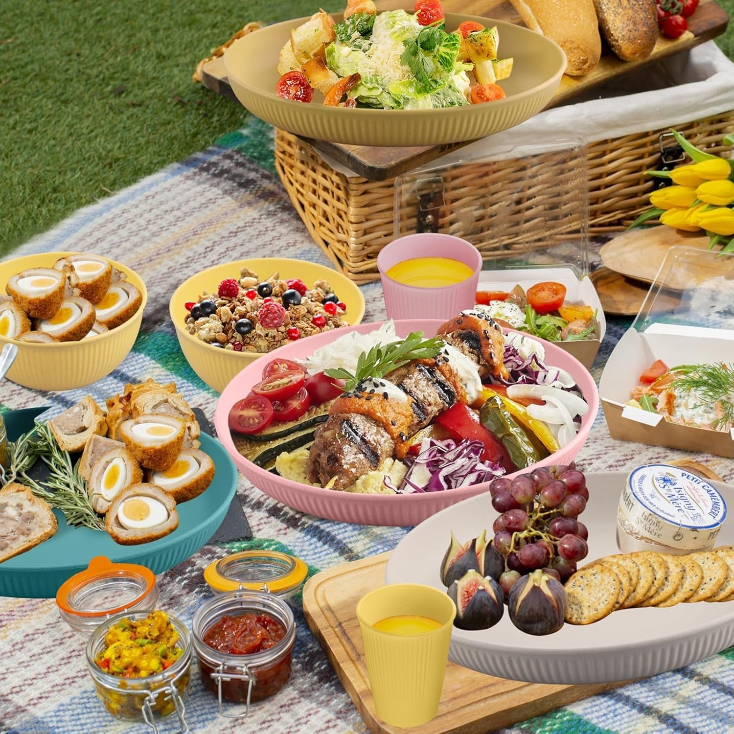 Set de veselă din plastic Tanice, 12 piese, farfurii și boluri, set de veselă pentru copii pentru 4 persoane, set de veselă din plastic cu farfurii, boluri și căni pentru bucătărie, camping în aer liber