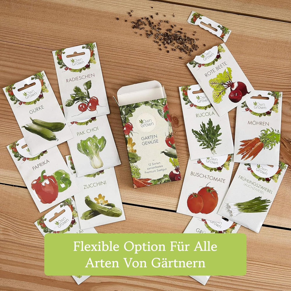 OwnGrown Gemüsesamen-Set – 12 Pflanzensamen-Sorten für Hochbeet und Garten – Praktische Box mit Gemüsesamen für den Anbau Frischer Ernte zu Hause – Ideal für Gartenliebhaber