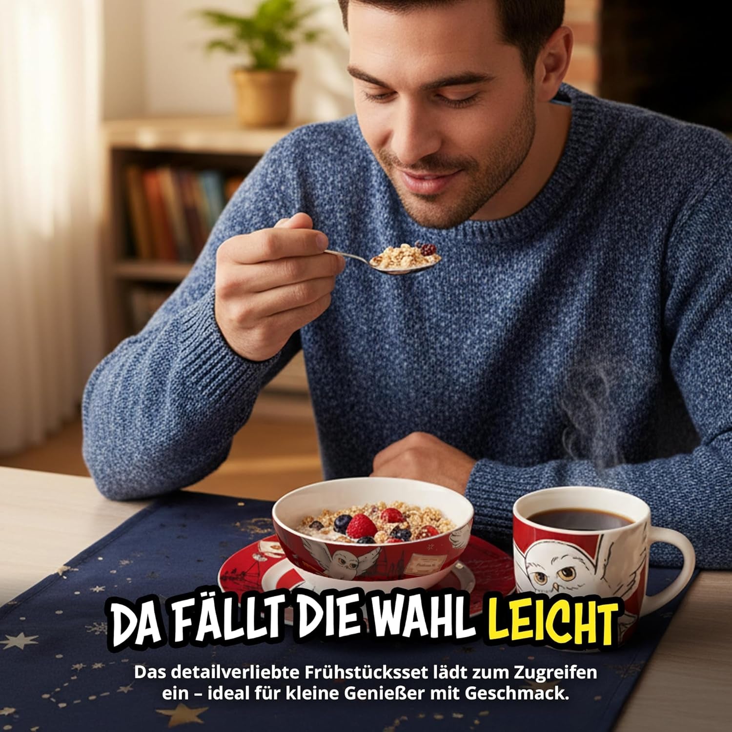 Set de veselă Harry Potter, 3 piese, roșu, set de mic dejun din porțelan cu farfurie Ø 19 cm, cană 220 ml și bol 330 ml, set de veselă