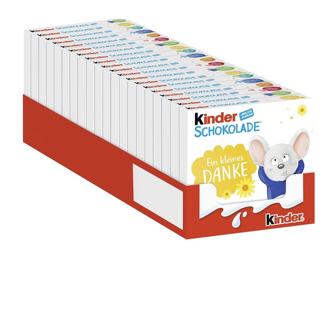 Kinderschokolade (20 x 50 g) – Valentinstagsgeschenk für Sie und Ihn, Karnevals- und Faschingssüßigkeiten – Gefüllte Milchschokoladentafeln – 20 Packungen mit je 4 einzelnen Tafeln