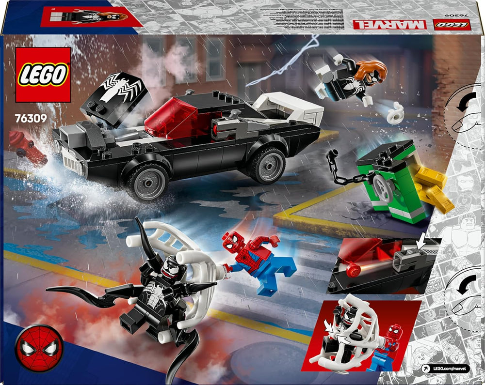 LEGO | Marvel Spider-Man Mech Vs. Venom Muscle Car – Auto Spielzeug mit 3 Superhelden Minifiguren – Modellauto mit Shootern – Geschenk für Jungen und Mädchen ab 7 Jahren 76309
