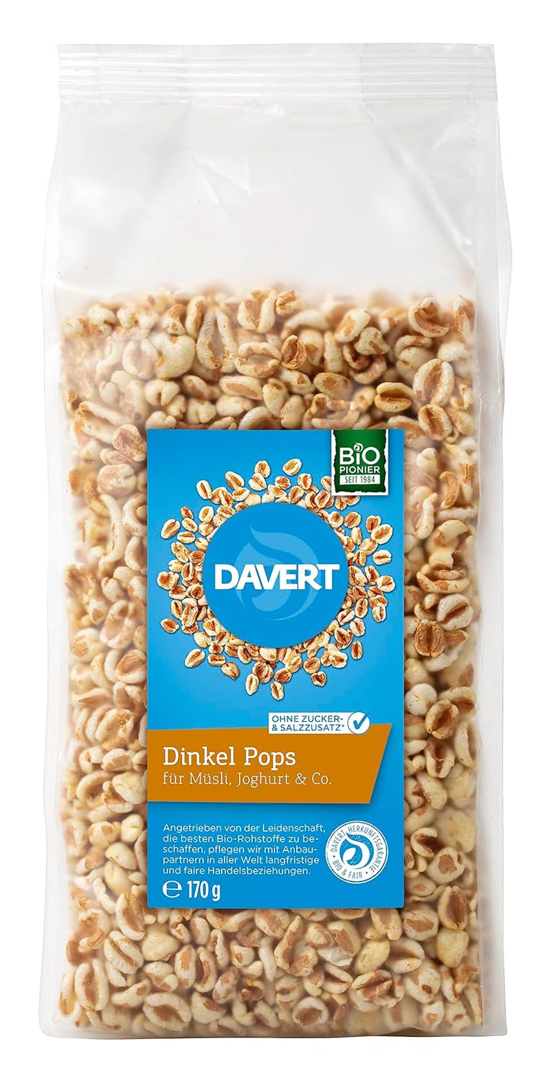 Davert Dinkellutscher 170g – Aromatisierte, luftige und leicht aufgeblähte Dinkelbohnen mit zartem Röstgeschmack – 100% Davert Bio-Qualität (1 x 170g)