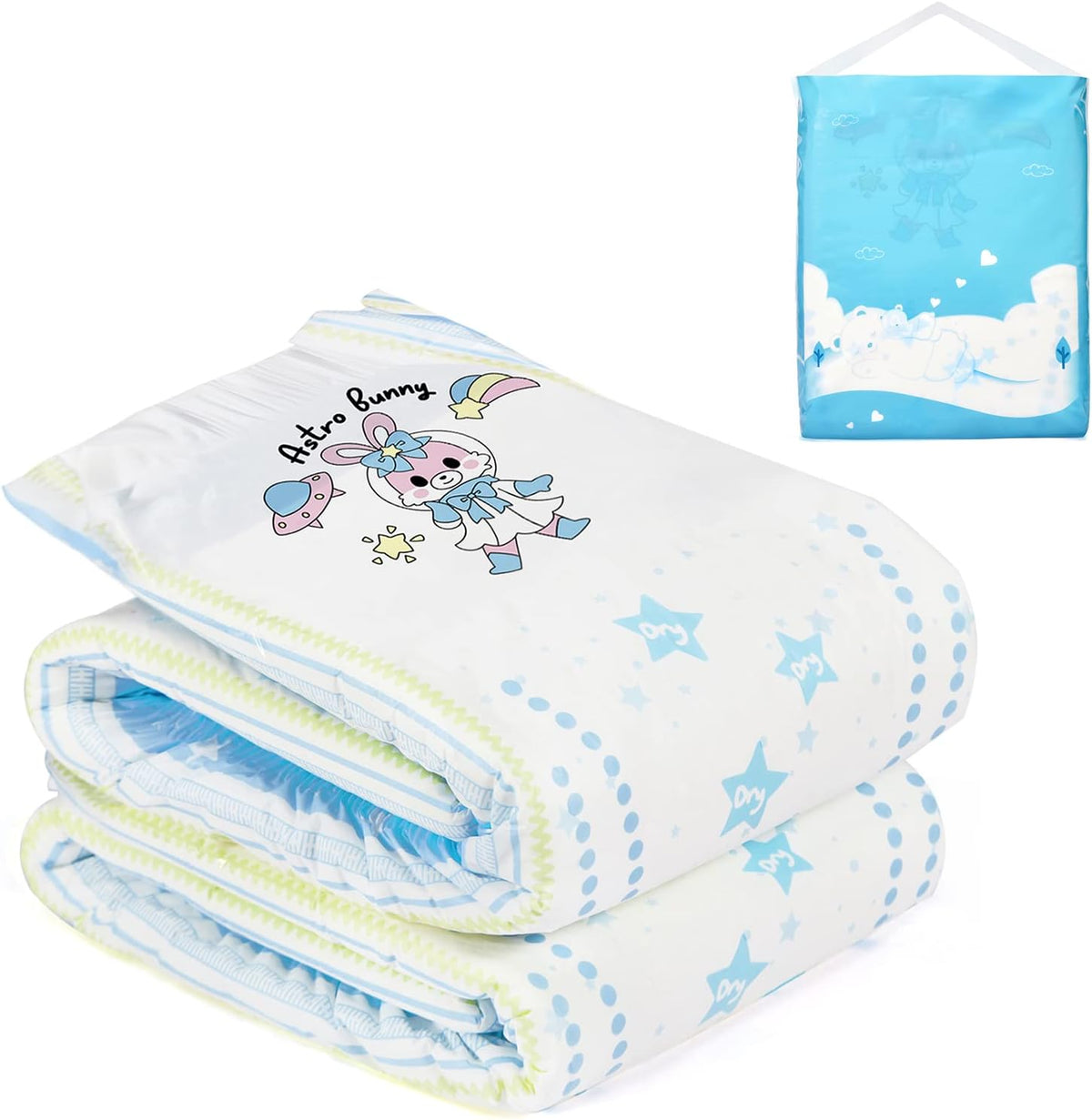 Bedruckte Windeln für Erwachsene, 5500–5800 ml, 2er-Pack, 3 Drucke, zufällige Auswahl – Astro Babies (L)