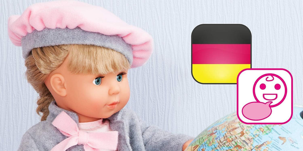 Bayer Design 94635AX Funktionspuppe Charlene mit Haaren und Schlafaugen, spricht und singt 90 Sätze, 2 Gedichte und 8 Lieder, 46cm, Puppe mit viel Zubehör, 1,30 kg, Rosa, Grau