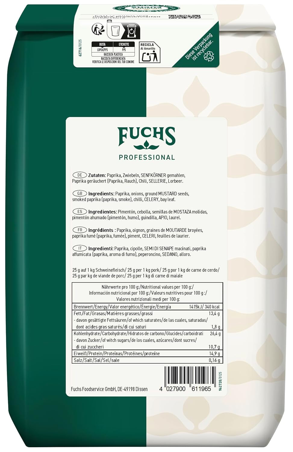 Fuchs Professional - Schaschlik Gewürzmischung | Zum Würzen/Marinieren von gebratenem oder gegrilltem Fleisch | Profi-Qualität für Großverbraucher | 1 kg im recycelbaren Beutel