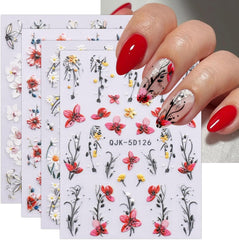 JMEOWIO 3D Nagelsticker Blumen Nail Art Sticker Selbstklebend Nagelaufkleber 5D Stereoskopisch Frühling Sommer Dekoration Nageldesign Zubehör 4 Blatt