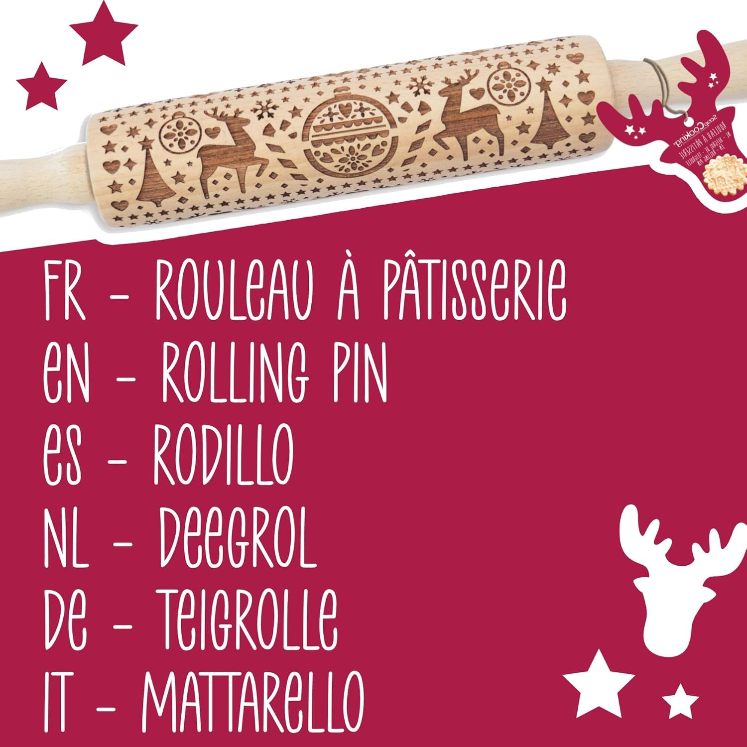 Scrap Cooking Teigrolle aus Holz „Xmas“ mit weihnachtlichen Motiven – Prägerolle mit gepfragten Verzierungen für Kekse – dekoratives Zubehör – 5242
