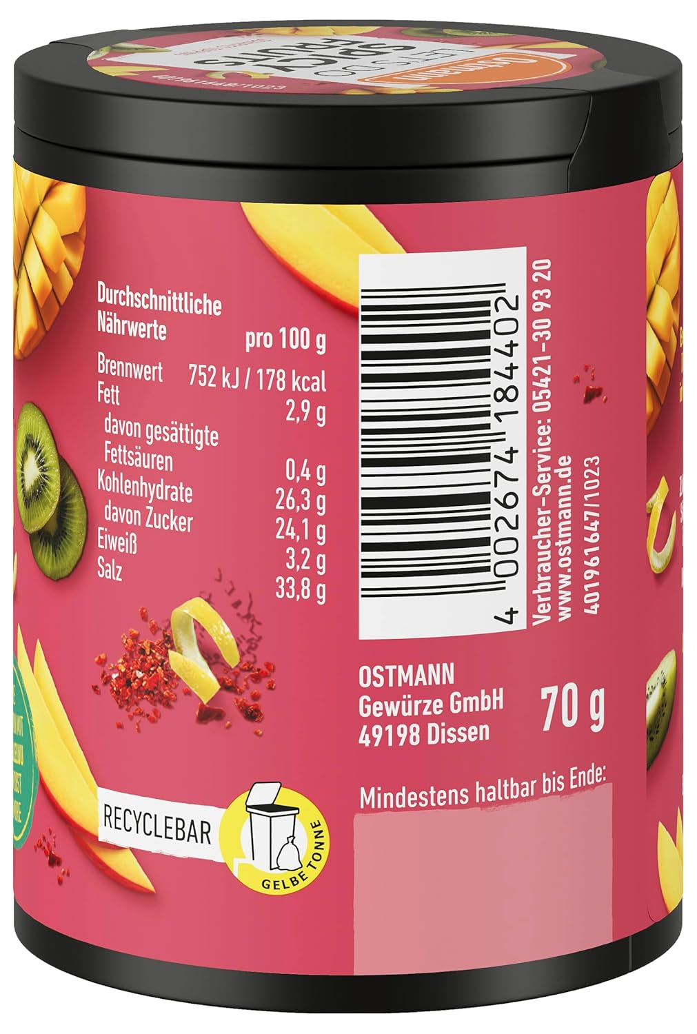 Ostmann Gewürze - Let's Do Spicy Fruits | Würzmischung für süßes Obst erstellt von Lalaleluu | scharfes Obst-Topping mit Chili und Pfeffer, lecker auf Apfel oder Mango | 70 g in Metalldose recyclebar