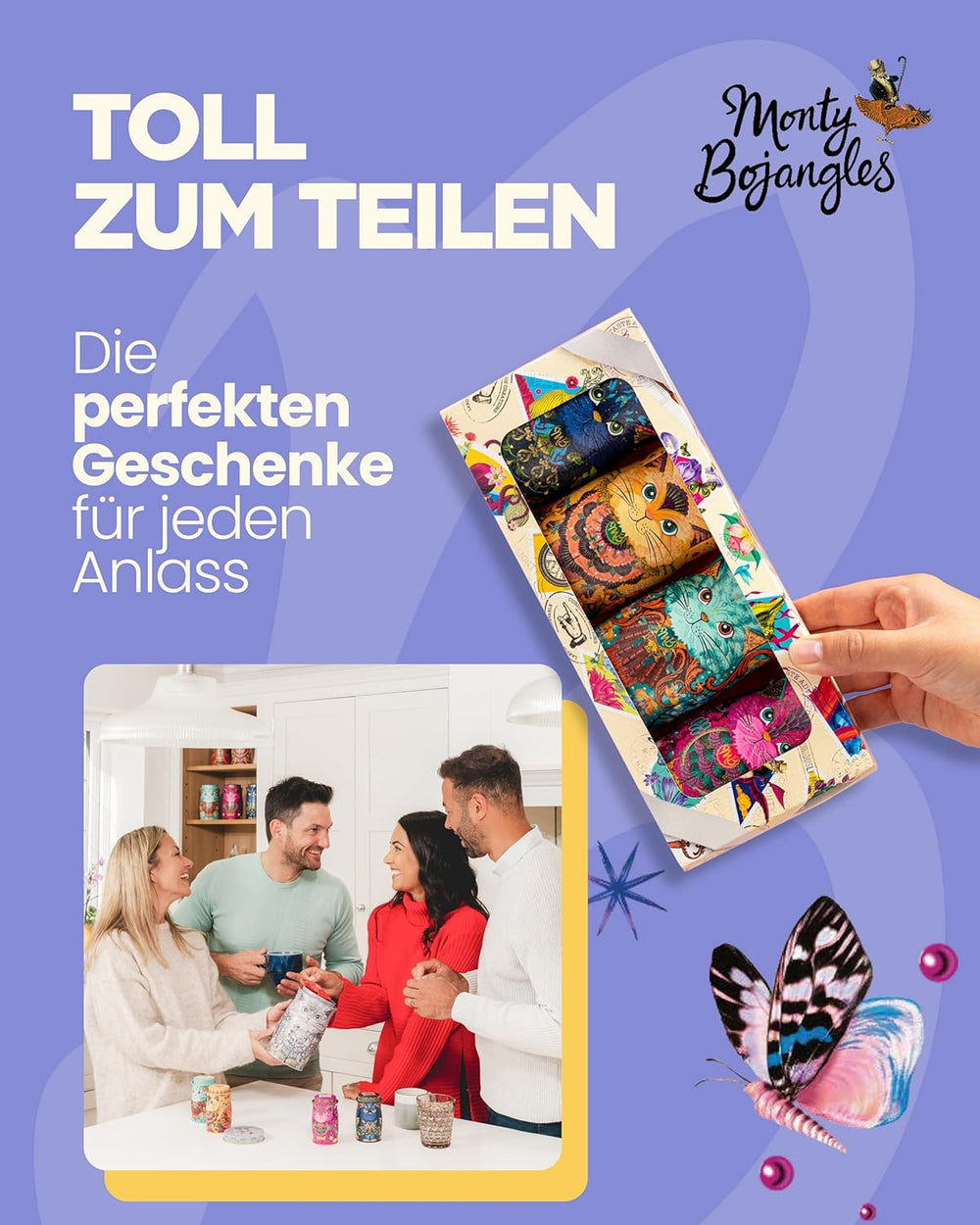 Monty Bojangles Savanna Gold Schokoladentrüffel (135 g), Kakaopulver-Pralinen-Geschenkset in einer individuellen Sammlerbox im Katzendesign, Flutter Scotch-Geschmack