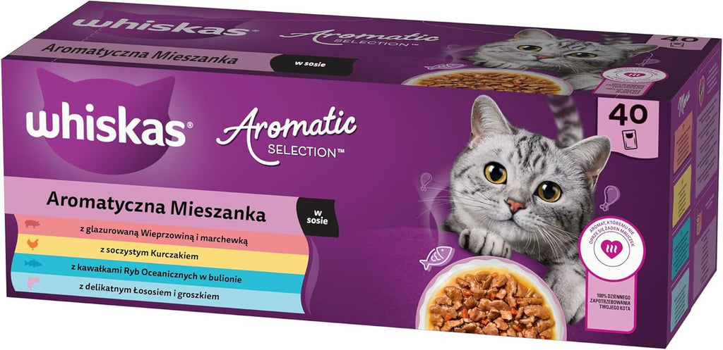 WHISKAS Aromatic Selection Multipack hrană umedă pentru pisici 1+, 40X85G - 4 arome: Porc, pui, somon, pește de mare în sos