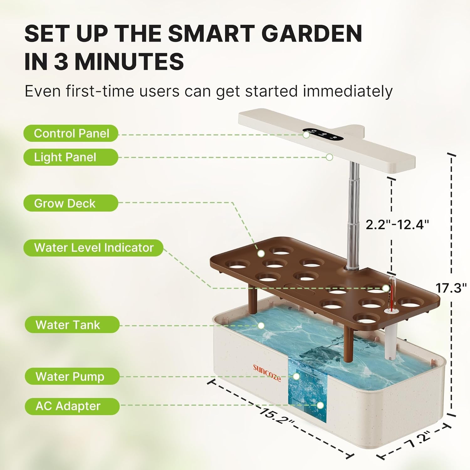 12 Kapseln Hydrokultur-Anbausystem-Kit, 24-W-LED-Gartenlampe für den Innenbereich, 4-Liter-Wassertank mit leiser Pumpe, höhenverstellbarer Kräuterpflanzer, Indoor-Gartenset, Gartengeschenke, Beige