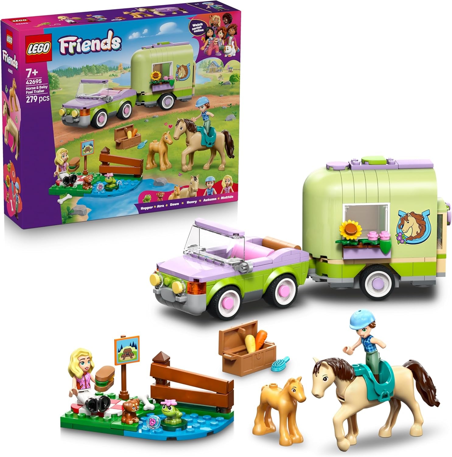 LEGO Friends Pferd und Fohlen mit Pferdeanhänger – Pferde Spieleset mit Pflegezubehör, 4 Tierfiguren, Auto & 2 Mini Puppen – Geschenkeidee zum Geburtstag für Mädchen ab 7 Jahren – 42695