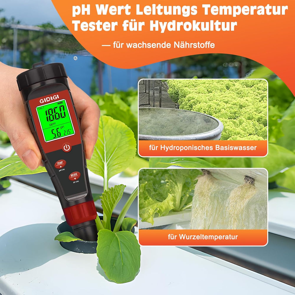 Hydroponisches Wasser-pH-Messgerät, digitaler Wasser-pH-Tester, TDS-Tester, EC-PPM-Test für Pflanzennährstoffe, 4-in-1-Leitfähigkeit, Trinkwasser-pH-Stift, DWC, Zimmerpflanzen