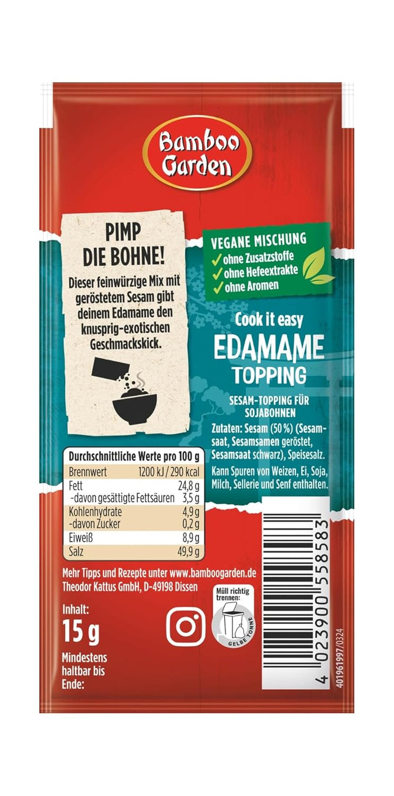 Bambusgarten – Edamame-Topping | Sesamtopping zum Verfeinern von Edamame Gerichten | Vegane, natürliche Zutaten | 15 g im Beutel