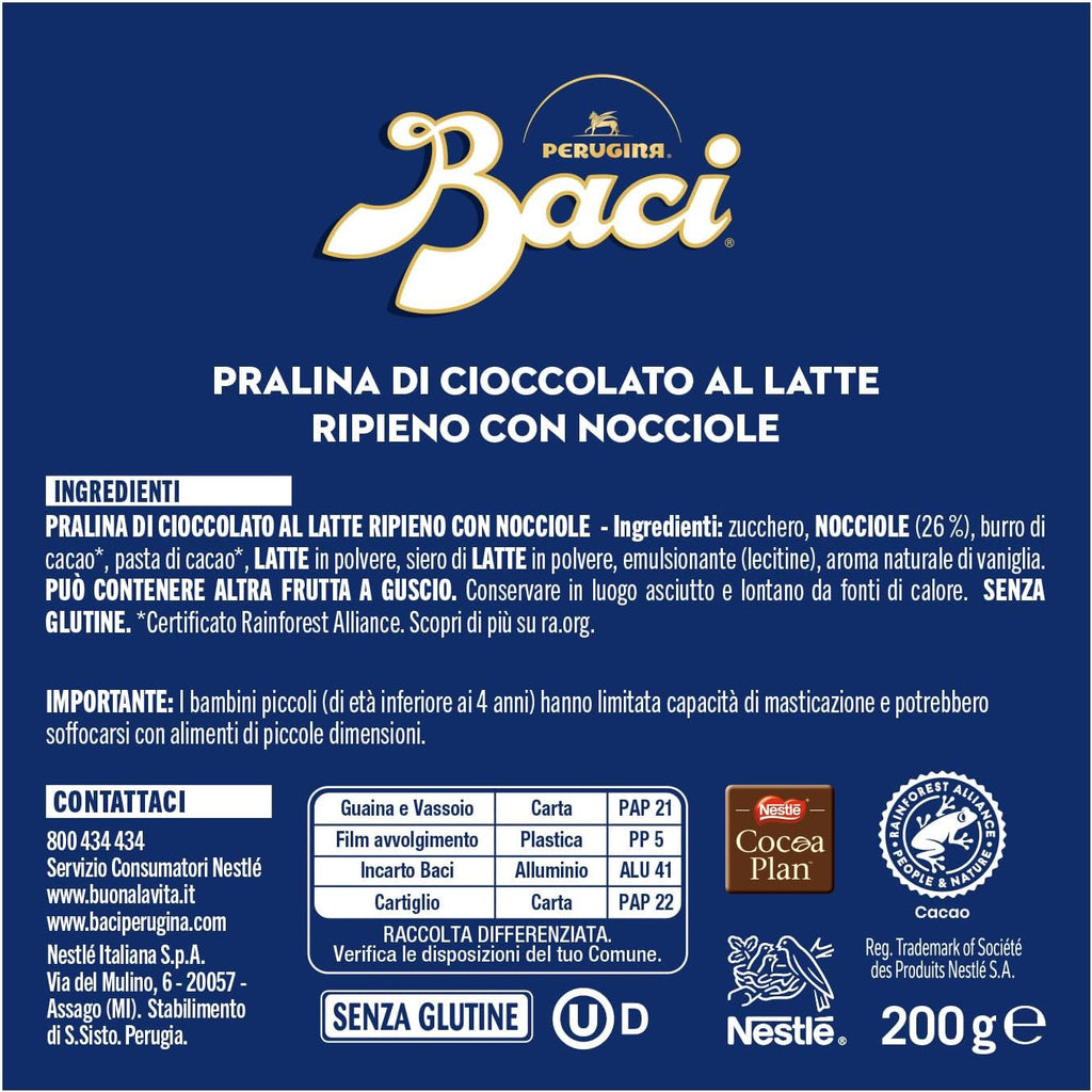 Perugina Baci, ciocolată cu umplutură de ciocolată cu lapte și alune, 200 grame Bomboane de Ciocolata Naty Shop