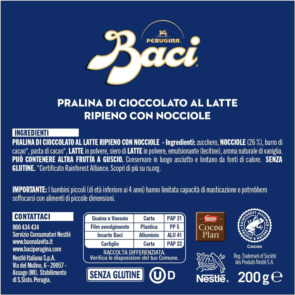 Perugina Baci, ciocolată cu umplutură de ciocolată cu lapte și alune, 200 grame Bomboane de Ciocolata Naty Shop