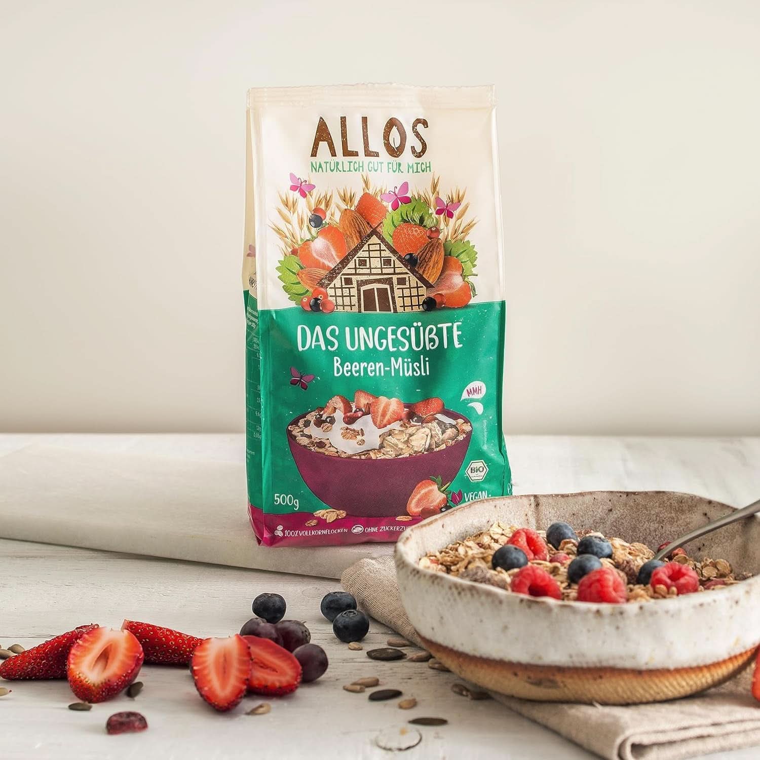 Allos, muesli de fructe de pădure neîndulcit, pachet 5 x 500 grame Cereale Naty Shop