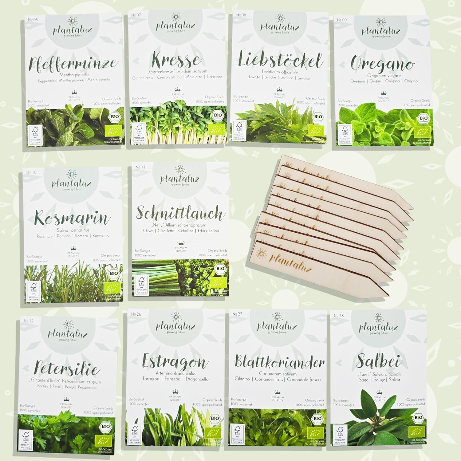 Plantaluz Premium Bio-Samen-Set P03 – Kulinarik- und Heilpflanzen-Samen-Set für Garten, Balkon und Innenbereich – inkl. Samen FSC-Pflanzstäbchen – Frei bestäubte, unbehandelte und gentechnikfreie Bio-Samen